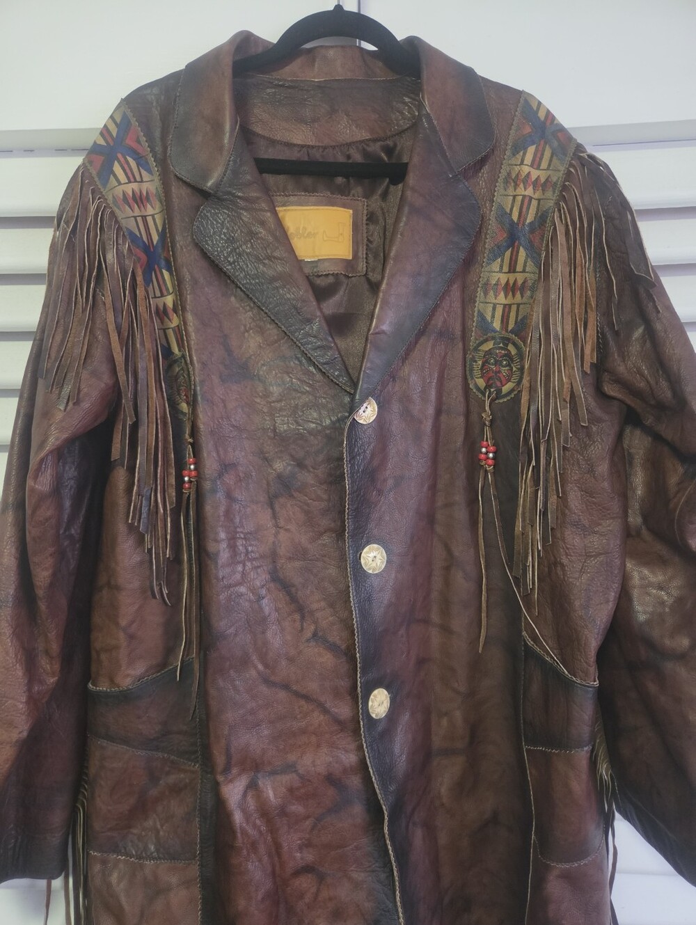 Brown Leather Fringe Men's Coat with Tribal Accent